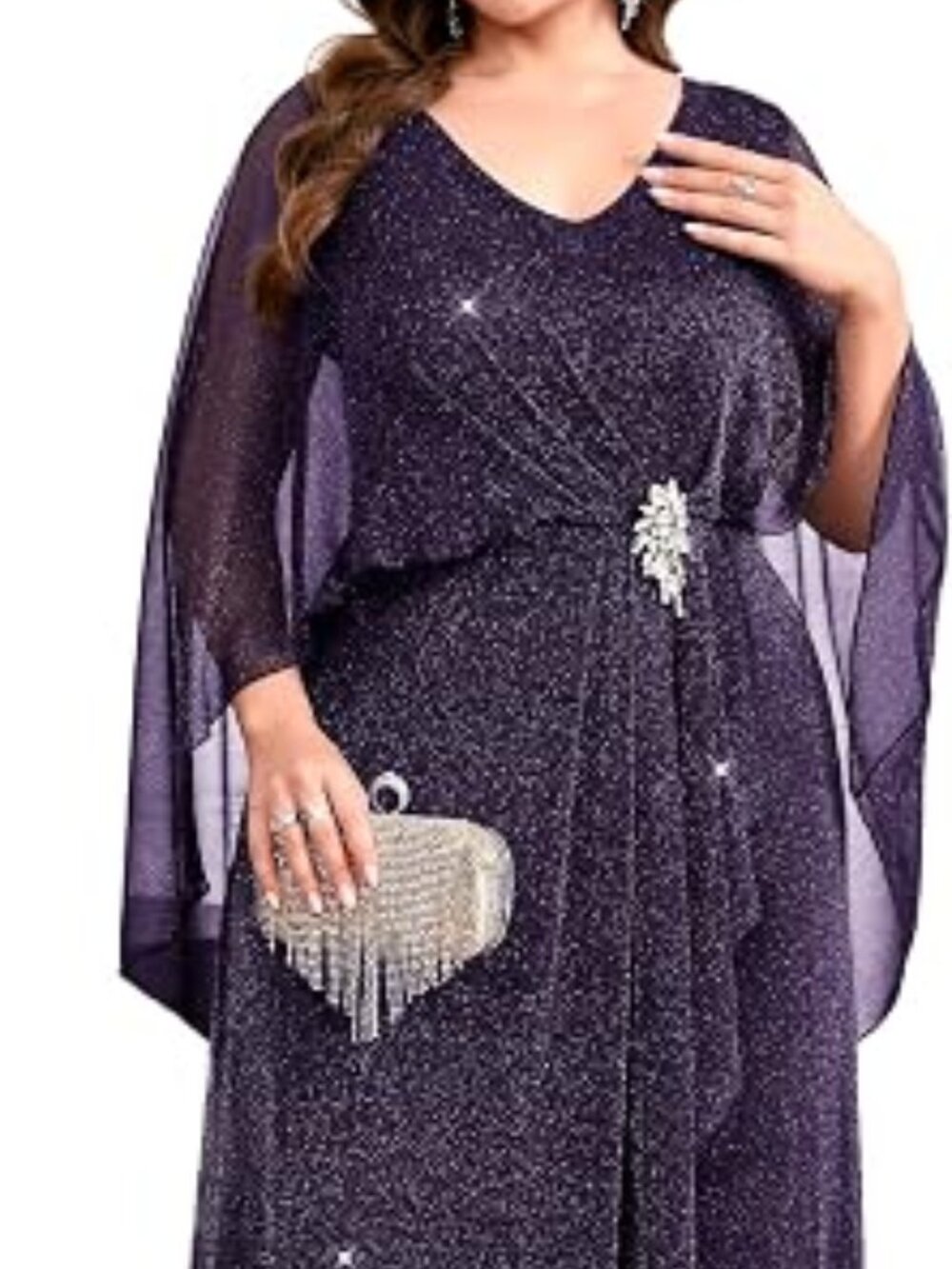 Tiaraly Women's Plus Size Purple Glitter Formal Dress w/Long Cape Jewels Size-2X - Picture 4 of 5